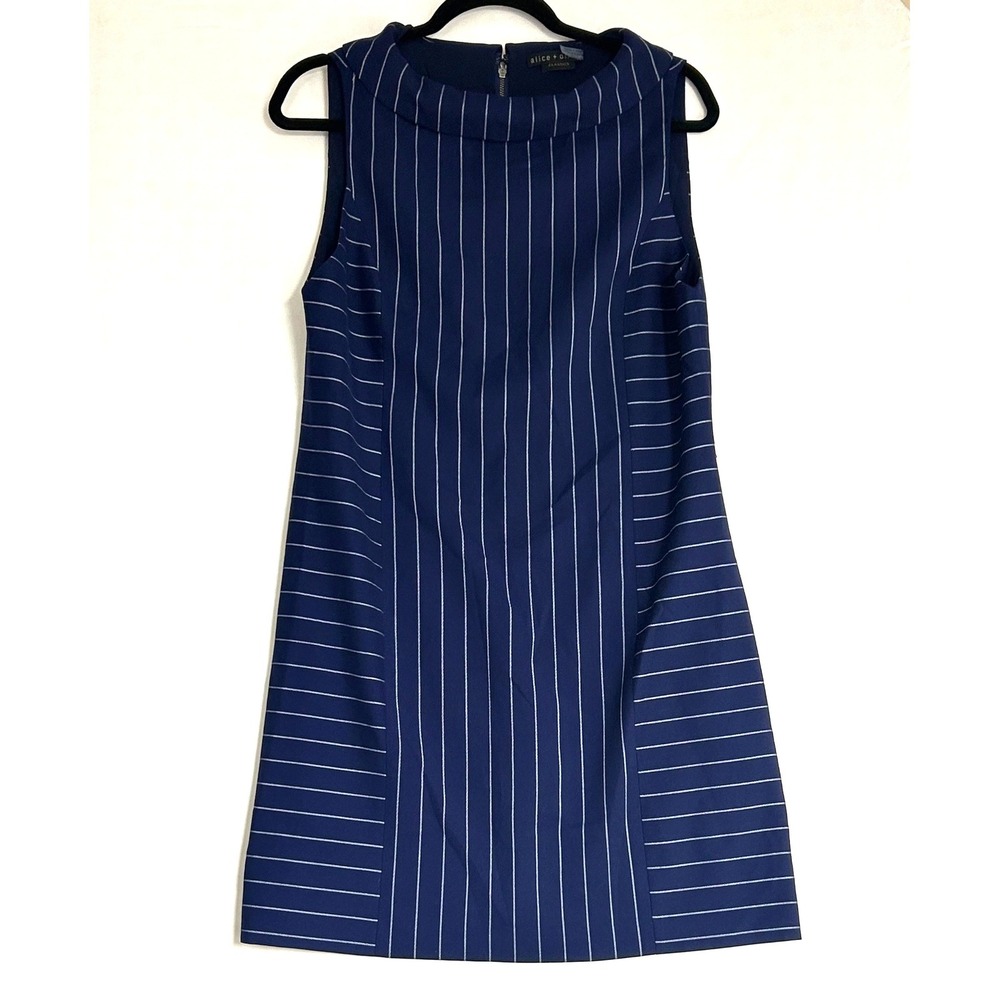 Alice + Olivia Navy Pinstripe Sleeveless Shift Dress CL000R04516 Size 12